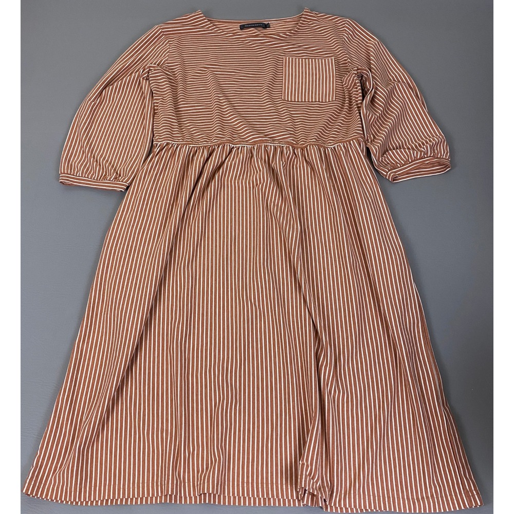 MEROKEETY Midi Dress Womens XXL Rust Striped 3/4 Sleeve Empire Waist w/ Pocket